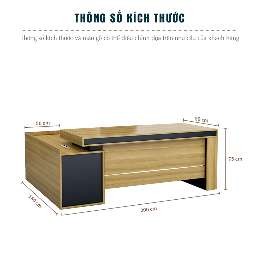 kích thước bàn giám đốc, bàn làm việc giám đốc dài 2m, bàn MDF Melamine, bàn văn phòng cao cấp