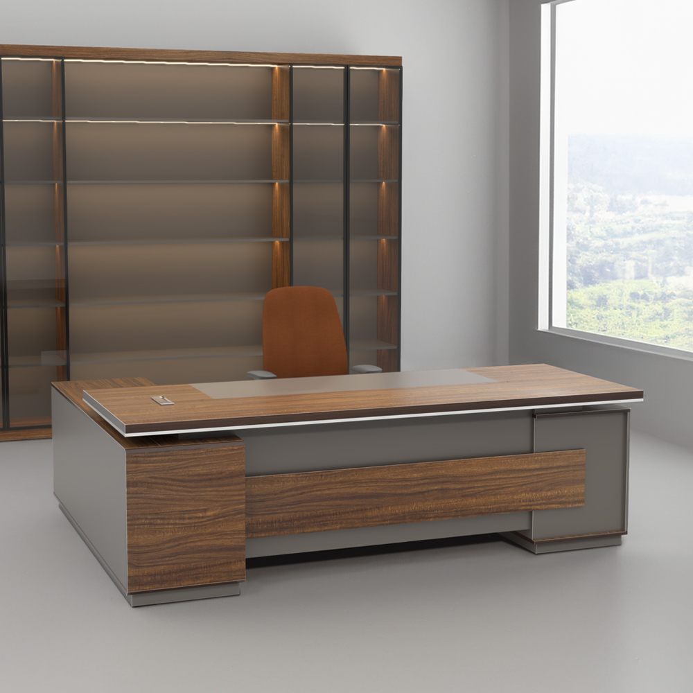 bàn làm việc giám đốc FGBGD088, văn phòng có cửa sổ, bàn gỗ MDF phối xám, nội thất bkhome.vn