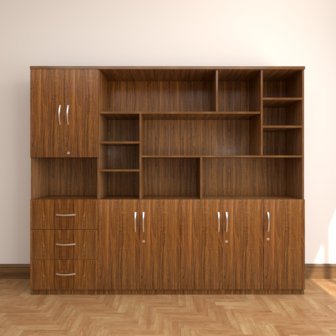 Mô tả alt: "Tủ giám đốc TGDFG06 làm từ gỗ MDF cao cấp, thiết kế hiện đại với màu sắc trang nhã và các chi tiết tinh xảo. Tủ có nhiều ngăn kệ và khoang chứa rộng rãi, mang đến sự sang trọng và tiện nghi cho không gian làm việc."