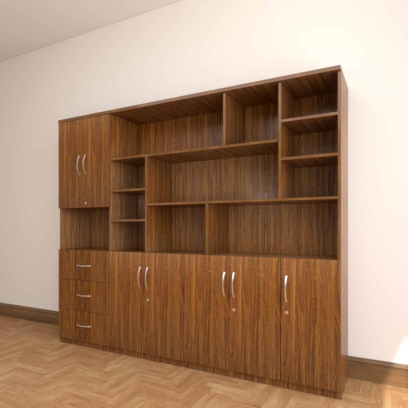 Mô tả alt: "Tủ giám đốc TGDFG06 làm từ gỗ MDF cao cấp, thiết kế hiện đại với màu sắc trang nhã và các chi tiết tinh xảo. Tủ có nhiều ngăn kệ và khoang chứa rộng rãi, mang đến sự sang trọng và tiện nghi cho không gian làm việc."